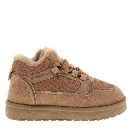 Bottines camel à empiècements bi-matières pourvues de lacets tressés