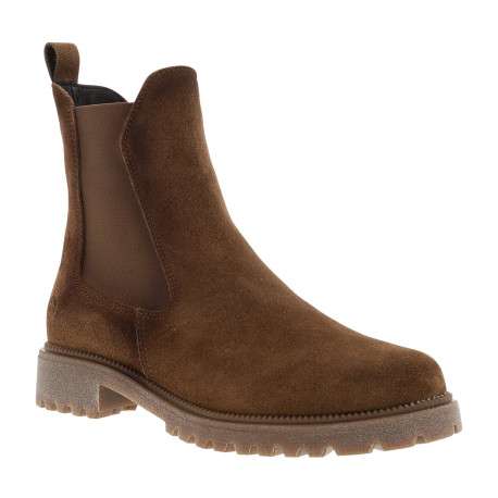 Boots en cuir brun à talon décroché bas dotées d'un soufflet élastiqué - Image 2