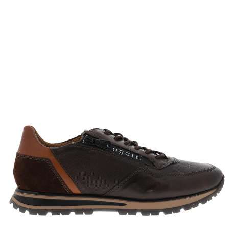 Sneakers en cuir chocolat à talon plat dotées de lacets élastiqués et d'un zip