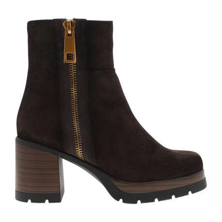 Boots en cuir chocolat à talon décroché haut avec 2 fermetures zippées