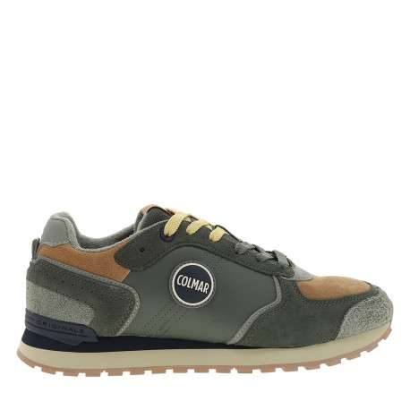 Baskets de running Travis Block en cuir kaki à empiècements bi-matières