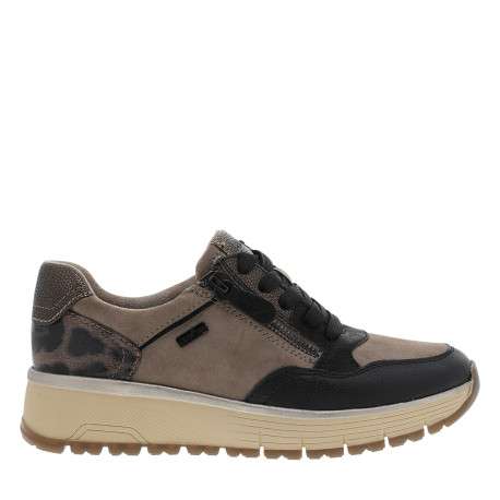Baskets running taupe à talon compensé bas, dotées de lacets et d'un zip latéral