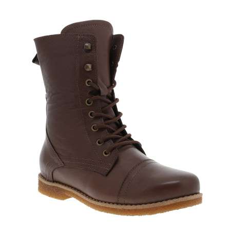 Bottines en cuir chocolat à talon décroché bas munies de lacets et d'un zip - Image 2