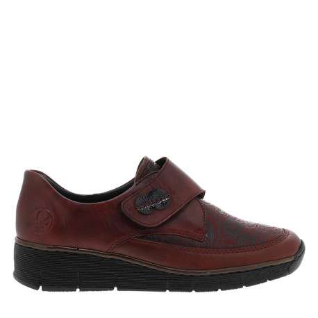 Mocassins en cuir bordeaux à semelle semi-compensé et talon plat avec fleurs noires imprimées