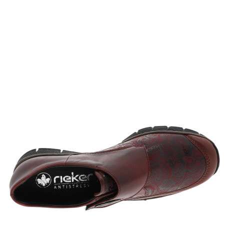 Mocassins en cuir bordeaux à semelle semi-compensé et talon plat avec fleurs noires imprimées - Image 5