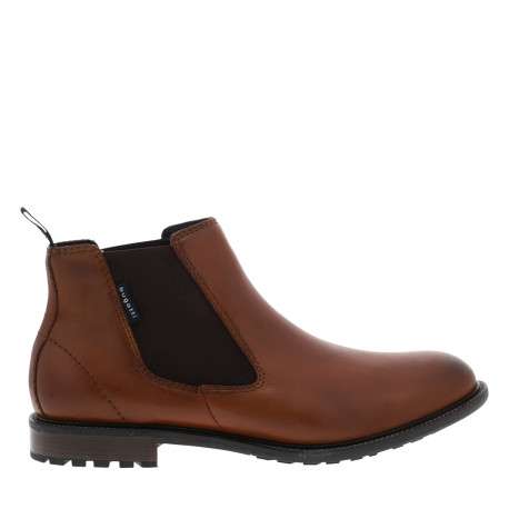 Boots en cuir brun à talon décroché bas pourvues de soufflets élastiqués