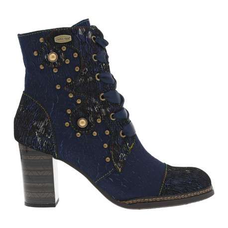 Bottines bleues à talon bloc et à lacets rubans et zip avec clous et perles