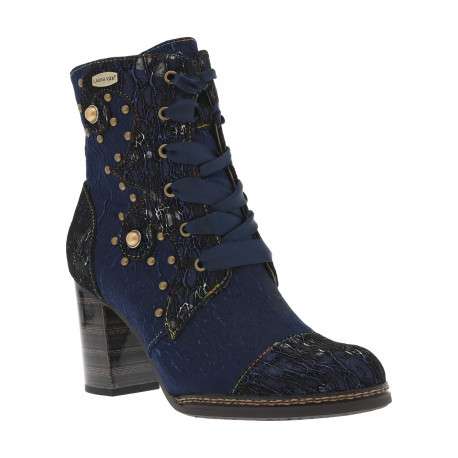 Bottines bleues à talon bloc et à lacets rubans et zip avec clous et perles - Image 2