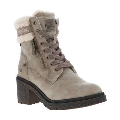 Bottines beiges à talon décroché moyen avec des lacets et un zip latéral - Image 2