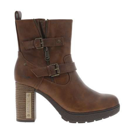 Boots brunes à talon décroché haut avec un zip et soufflet et boucles décoratifs
