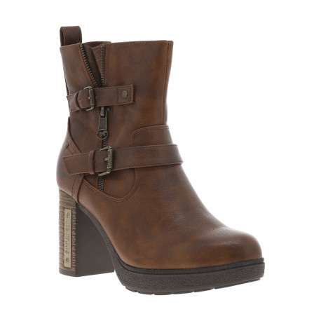 Boots brunes à talon décroché haut avec un zip et soufflet et boucles décoratifs - Image 2