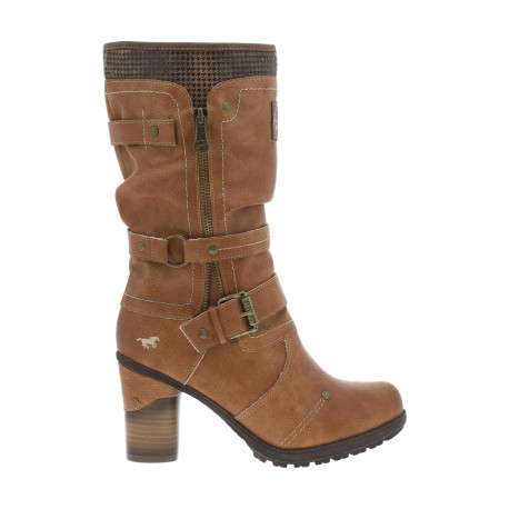 Bottes cognac à talon décroché haut avec des boucles à ardillons