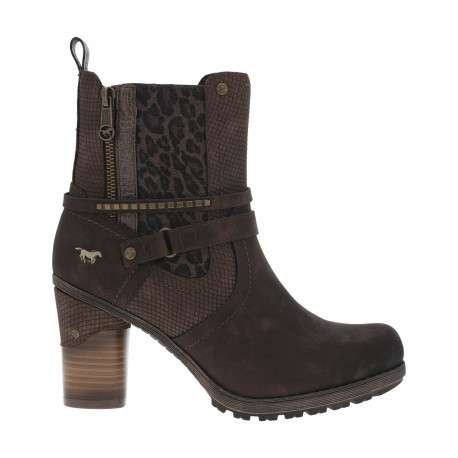 Boots café à motif léopard avec un talon décroché haut et un zip