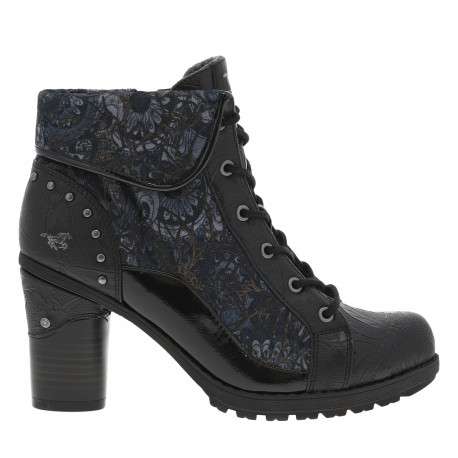 Boots noires et bleues à talon décroché haut avec un zip latéral et des lacets