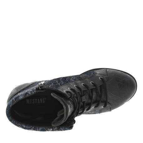 Boots noires et bleues à talon décroché haut avec un zip latéral et des lacets - Image 5