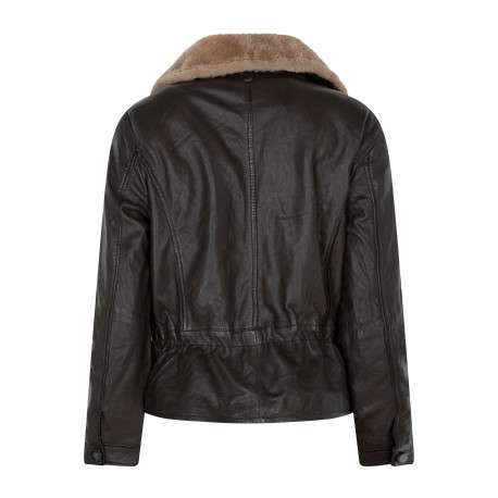 Blouson en cuir de mouton chocolat avec une coupe ajustée et un col à revers - Image 2