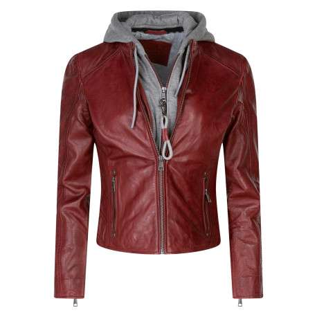 Blouson en cuir de mouton bordeaux pourvu d'une coupe cintrée avec une capuche