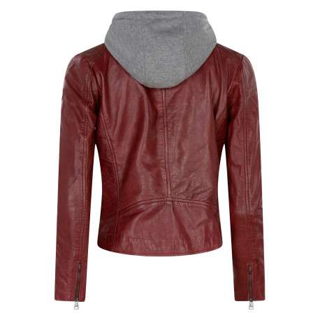 Blouson en cuir de mouton bordeaux pourvu d'une coupe cintrée avec une capuche - Image 2