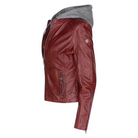 Blouson en cuir de mouton bordeaux pourvu d'une coupe cintrée avec une capuche - Image 3