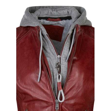 Blouson en cuir de mouton bordeaux pourvu d'une coupe cintrée avec une capuche - Image 4