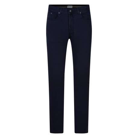 Pantalon 5 poches en coton mélangé bleu denim uni muni d'une coupe droite