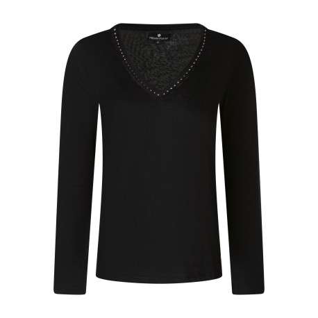 T-shirt noir à coupe droite pourvu d'un col v et de manches longues