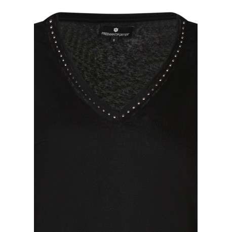 T-shirt noir à coupe droite pourvu d'un col v et de manches longues - Image 3