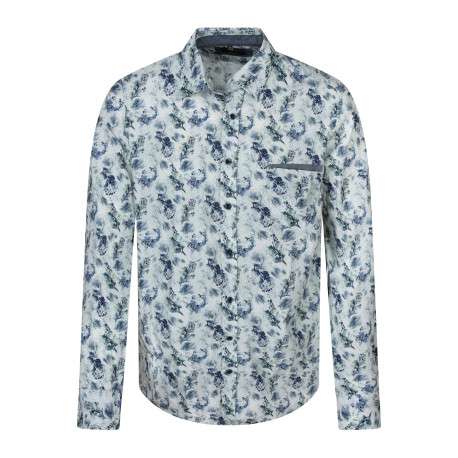 Chemise en coton bleue à motifs floraux dotée d'une coupe droite