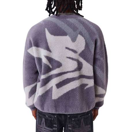 Pull gris poilu à motifs abstrait pourvu d'une coupe large et un col rond - Image 2