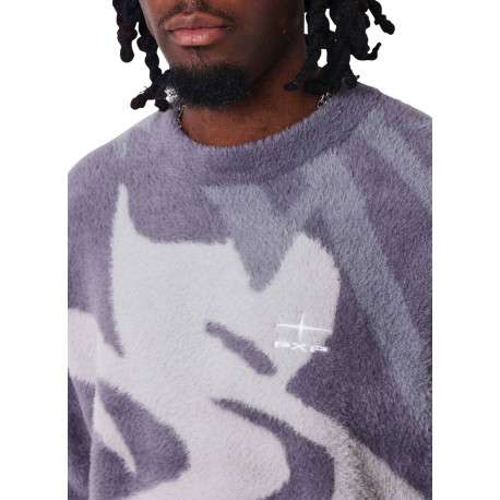 Pull gris poilu à motifs abstrait pourvu d'une coupe large et un col rond - Image 3