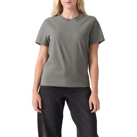 T-shirt en coton gris à coupe droite pourvu d'un col rond et de manches courtes - Image 3