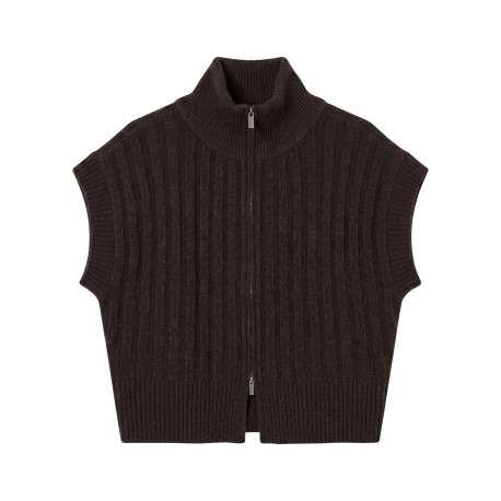Gilet marron sans manche à coupe ajustée pourvu d'un col montant