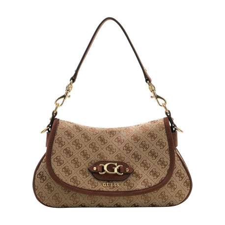 Sac à main porté épaule beige orné d'un monogramme logotypé et le logo doré