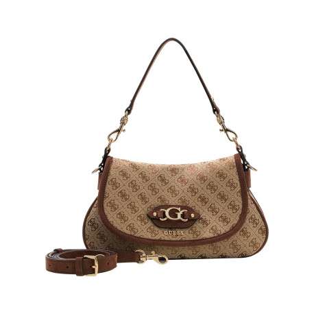 Sac à main porté épaule beige orné d'un monogramme logotypé et le logo doré - Image 3