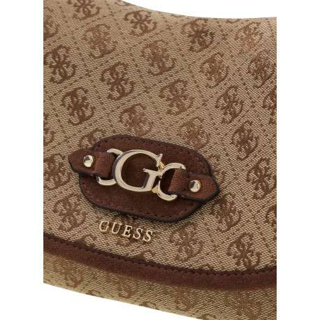 Sac à main porté épaule beige orné d'un monogramme logotypé et le logo doré - Image 4