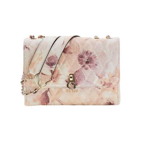 Sac à main porté épaule rose orné d'un monogramme fleuri et le logo doré