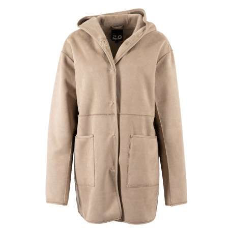 Blouson taupe à coupe droite pourvu d'un col à capuche et de manches longues