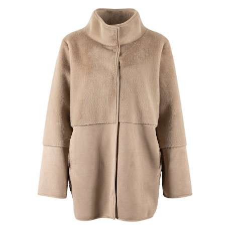 Blouson taupe à coupe droite pourvu d'un col montant à pression