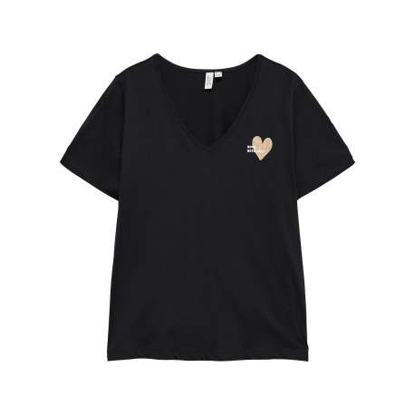 T-shirt en coton biologique noir à coupe droite pourvu d'un col v