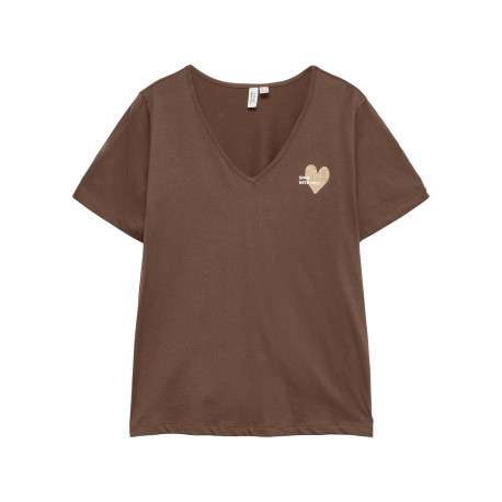 T-shirt en coton biologique marron à coupe droite pourvu d'un col v