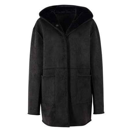 Blouson noir à coupe droite pourvu d'un col à capuche et de manches longues