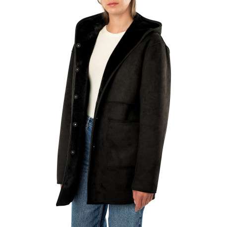 Blouson noir à coupe droite pourvu d'un col à capuche et de manches longues - Image 3