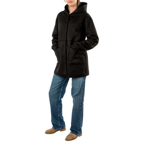Blouson noir à coupe droite pourvu d'un col à capuche et de manches longues - Image 8