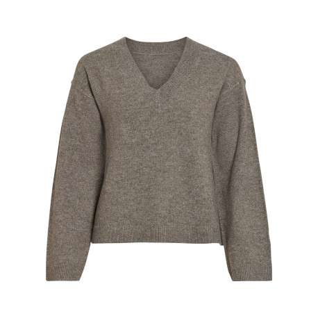 Pull taupe à coupe droite pourvu d'un col v et de manches longues
