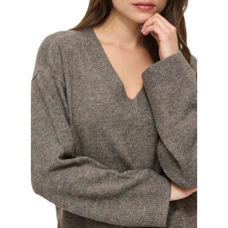 Pull taupe à coupe droite pourvu d'un col v et de manches longues - Image 3