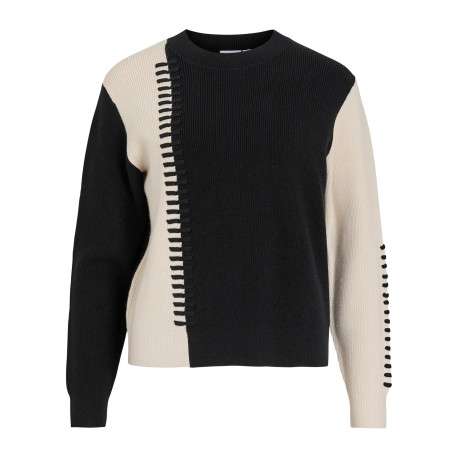Pull noir et écru à coupe droite pourvu d'un col rond et de manches longues