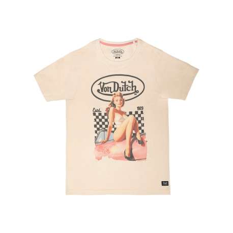 T-shirt écru à imprimé pin-up rétro pourvu d'une coupe droite et un col rond