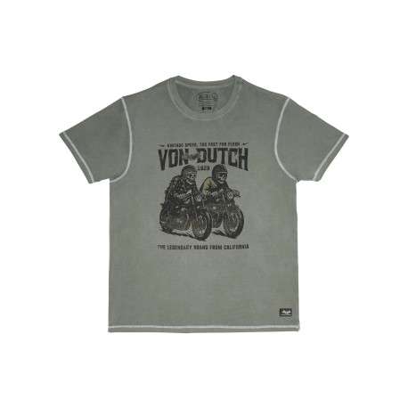 T-shirt délavé en coton kaki à imprimé motards squelettes avec une coupe droite