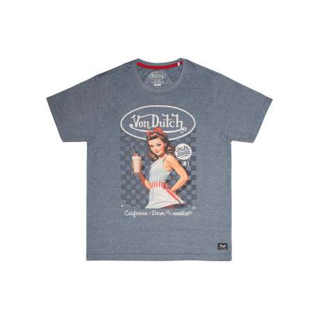 T-shirt bleu à imprimé pin-up diner pourvu d'une coupe droite et un col rond