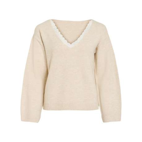 Pull écru à coupe droite pourvu d'un col v et de manches longues